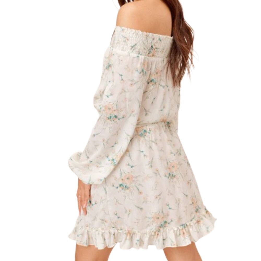 Lovestitch White Floral Smocked Off Shoulder Mini Dress Boho Cottagecore Med